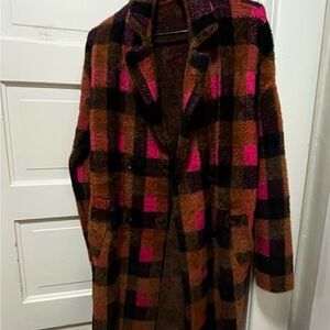 Anthropologie women’s brown and pink plaid long coat